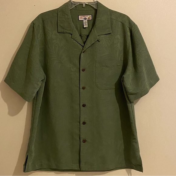 Caribbean Joe Hawaiian Shirt Size M Green Palm Leaves Print Button Up - Picture 1 of 10